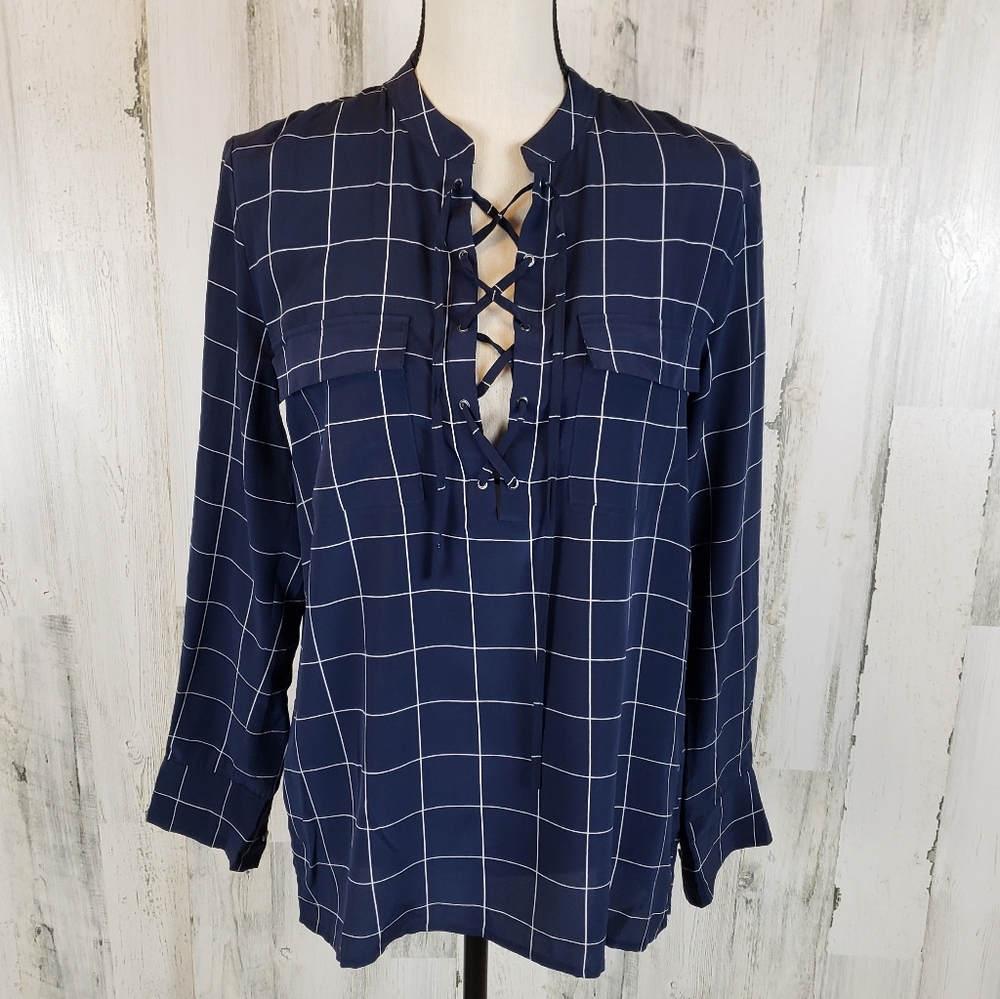 Madewell Navy Grid Lace-Up Blouse Silk Size Small